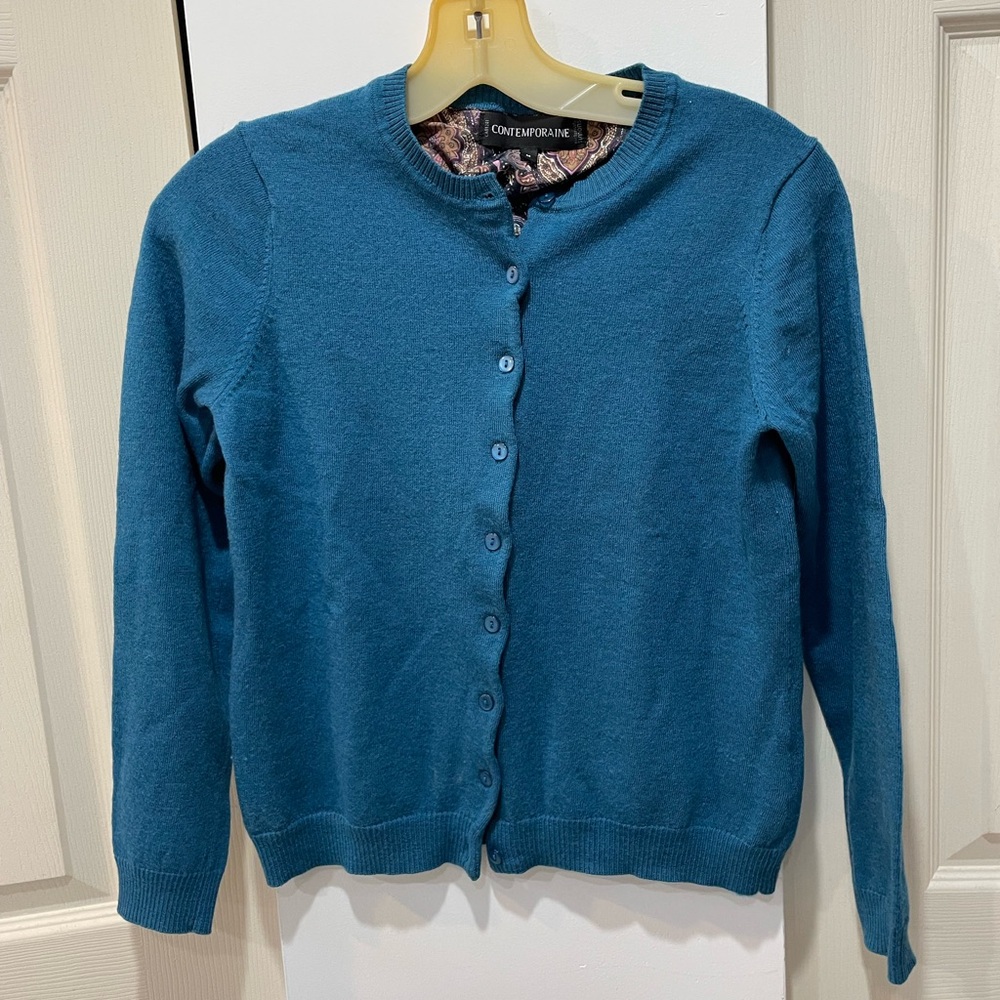 Contemporaine (Simons ) merino wool blue cardigan sweater size medium